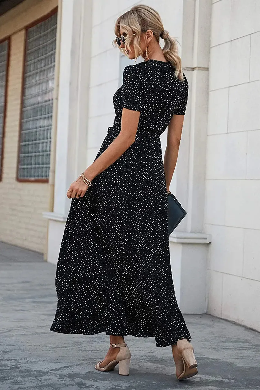 Floral V Neck Short Sleeve Long Dresses