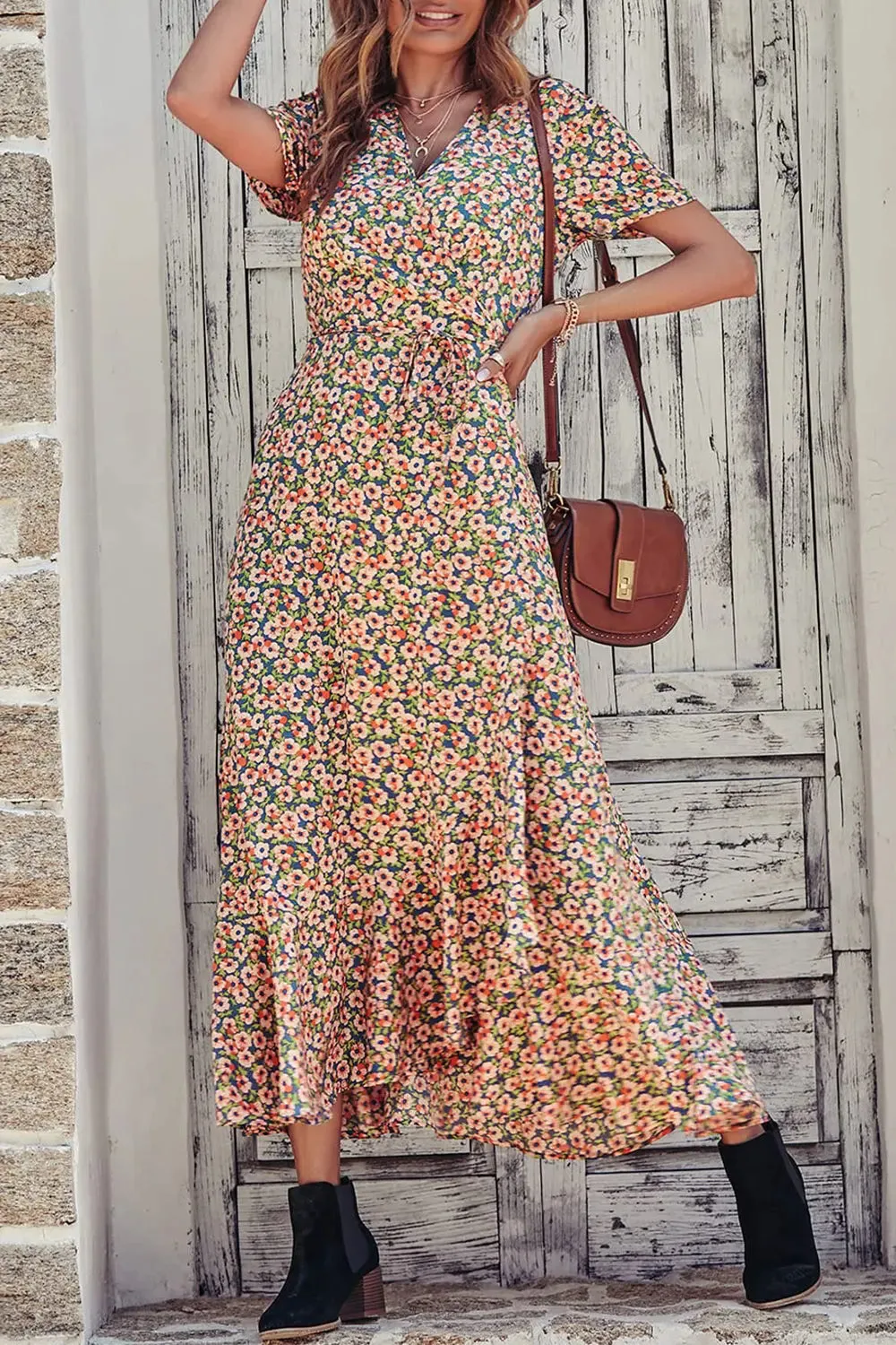 Floral V Neck Short Sleeve Long Dresses