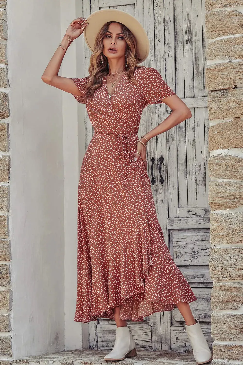 Floral V Neck Short Sleeve Long Dresses