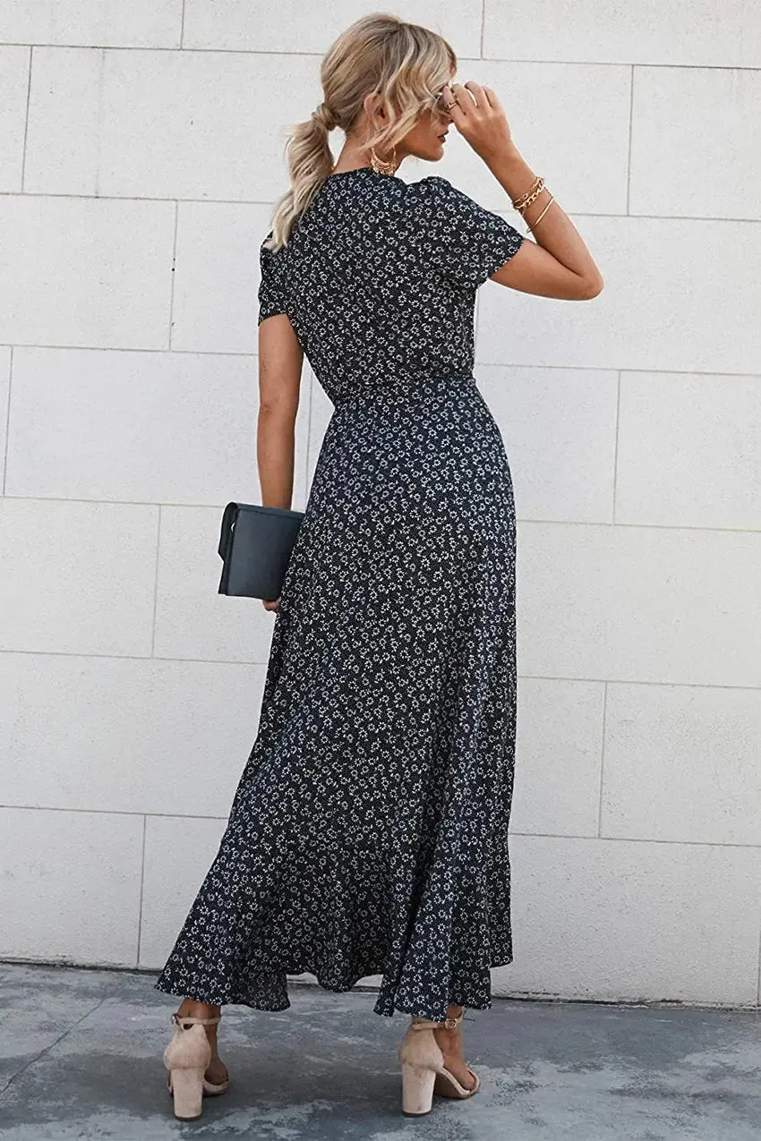 Floral V Neck Short Sleeve Long Dresses