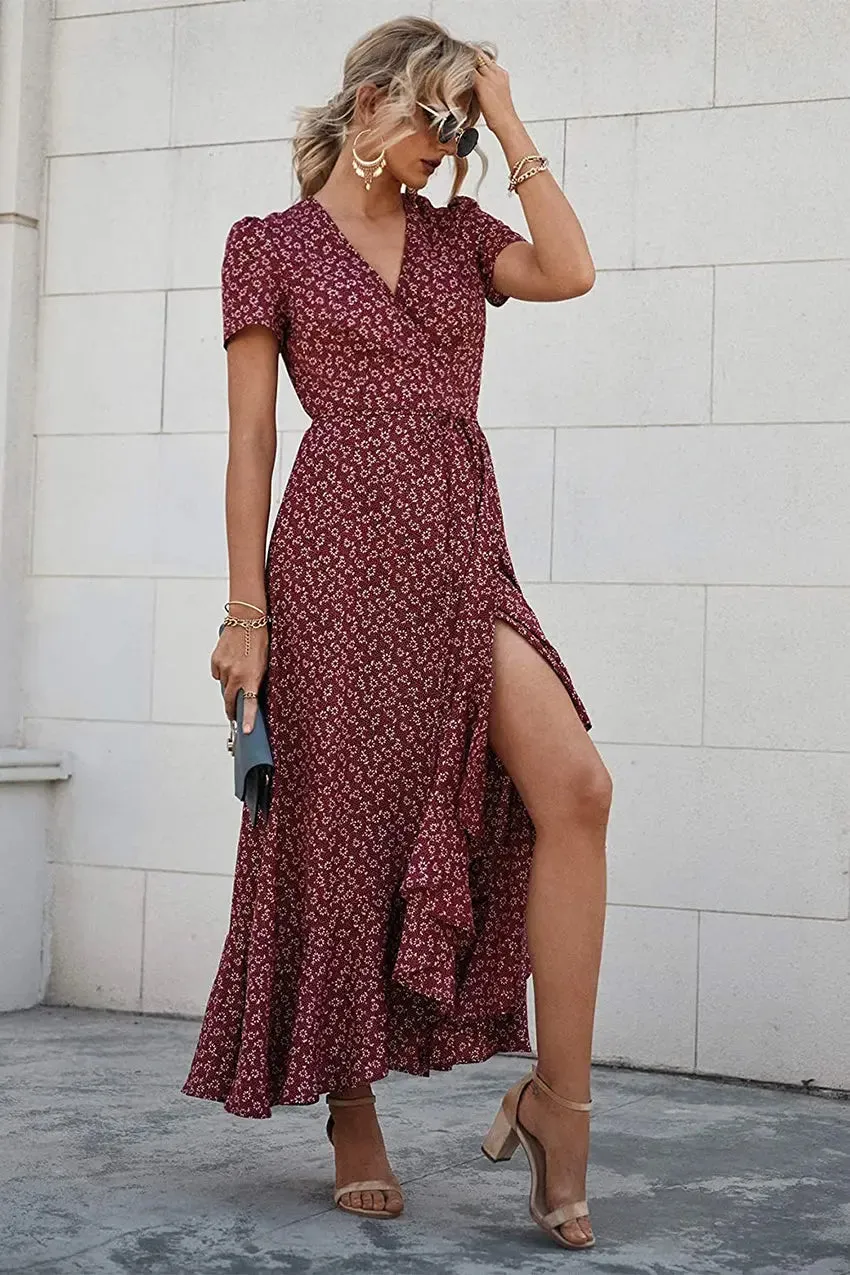 Floral V Neck Short Sleeve Long Dresses