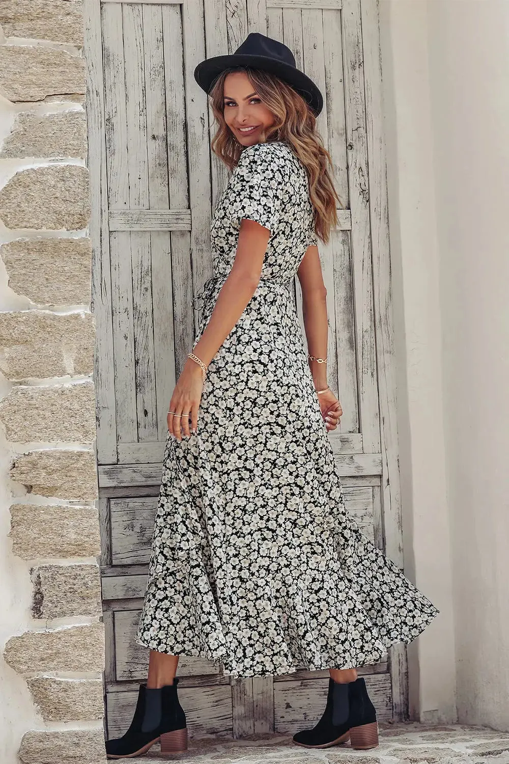 Floral V Neck Short Sleeve Long Dresses