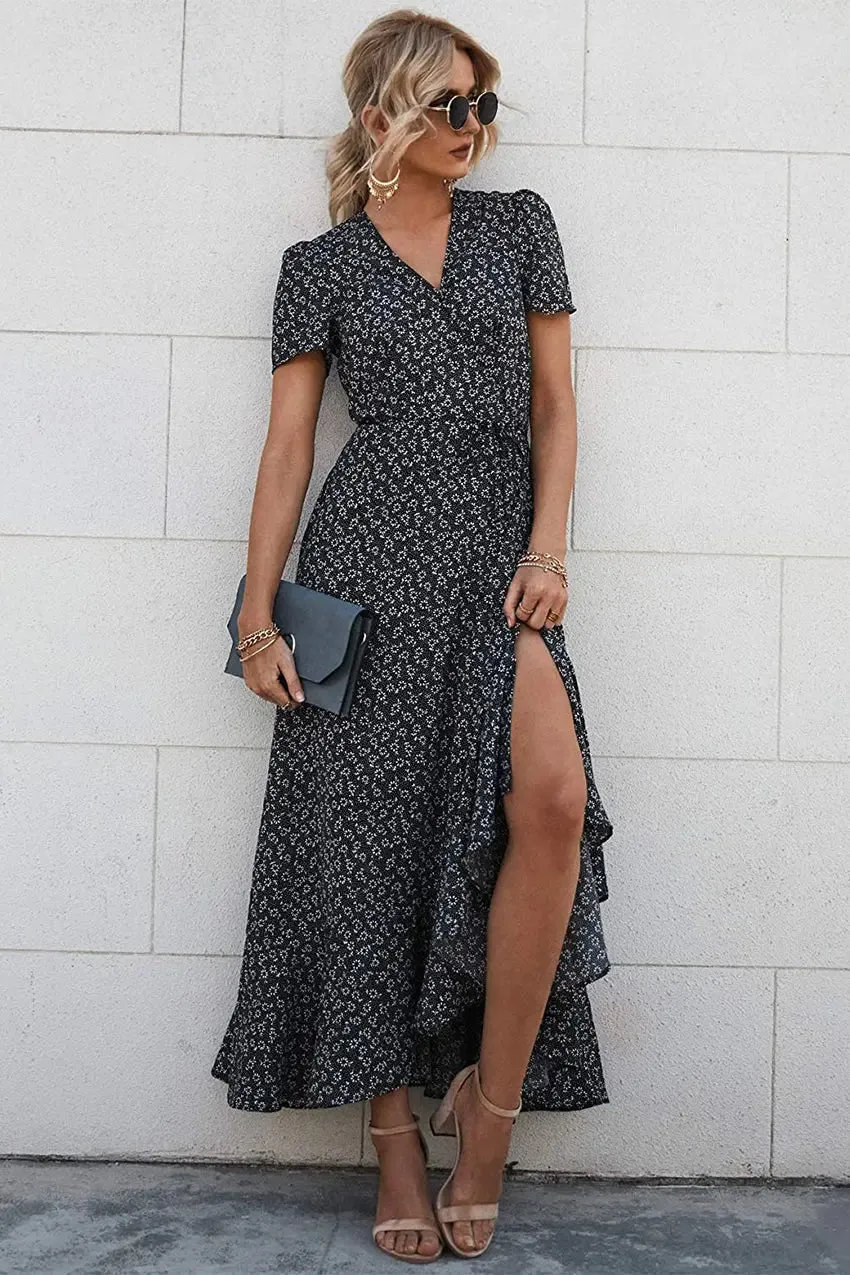 Floral V Neck Short Sleeve Long Dresses