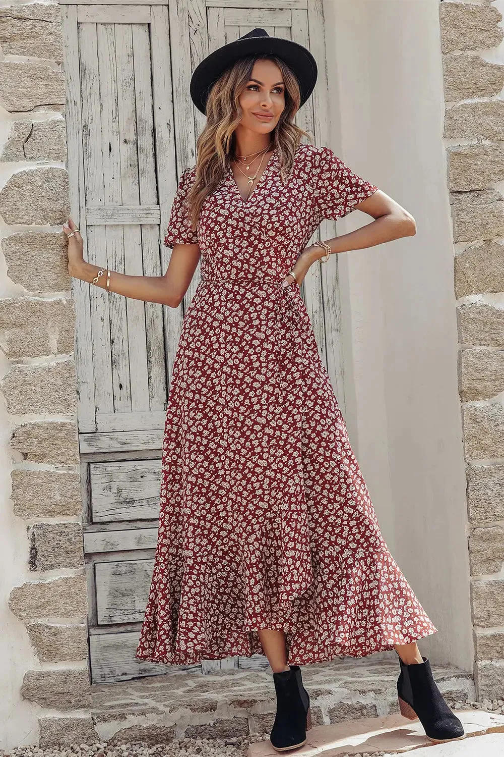 Floral V Neck Short Sleeve Long Dresses