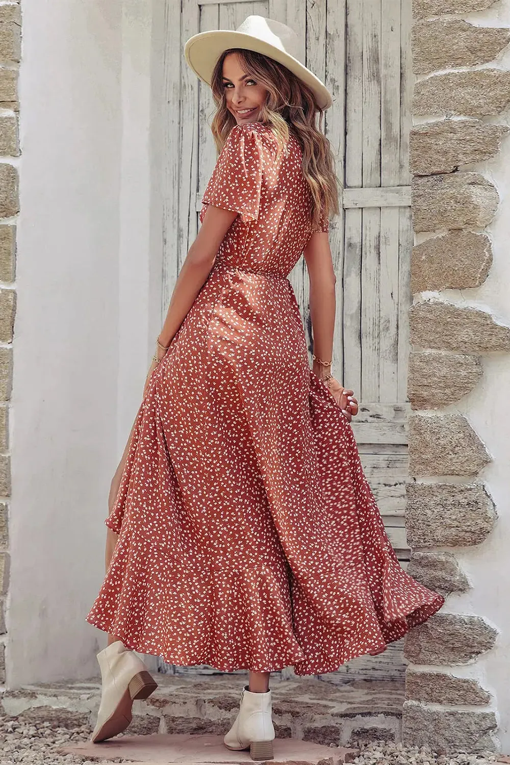 Floral V Neck Short Sleeve Long Dresses