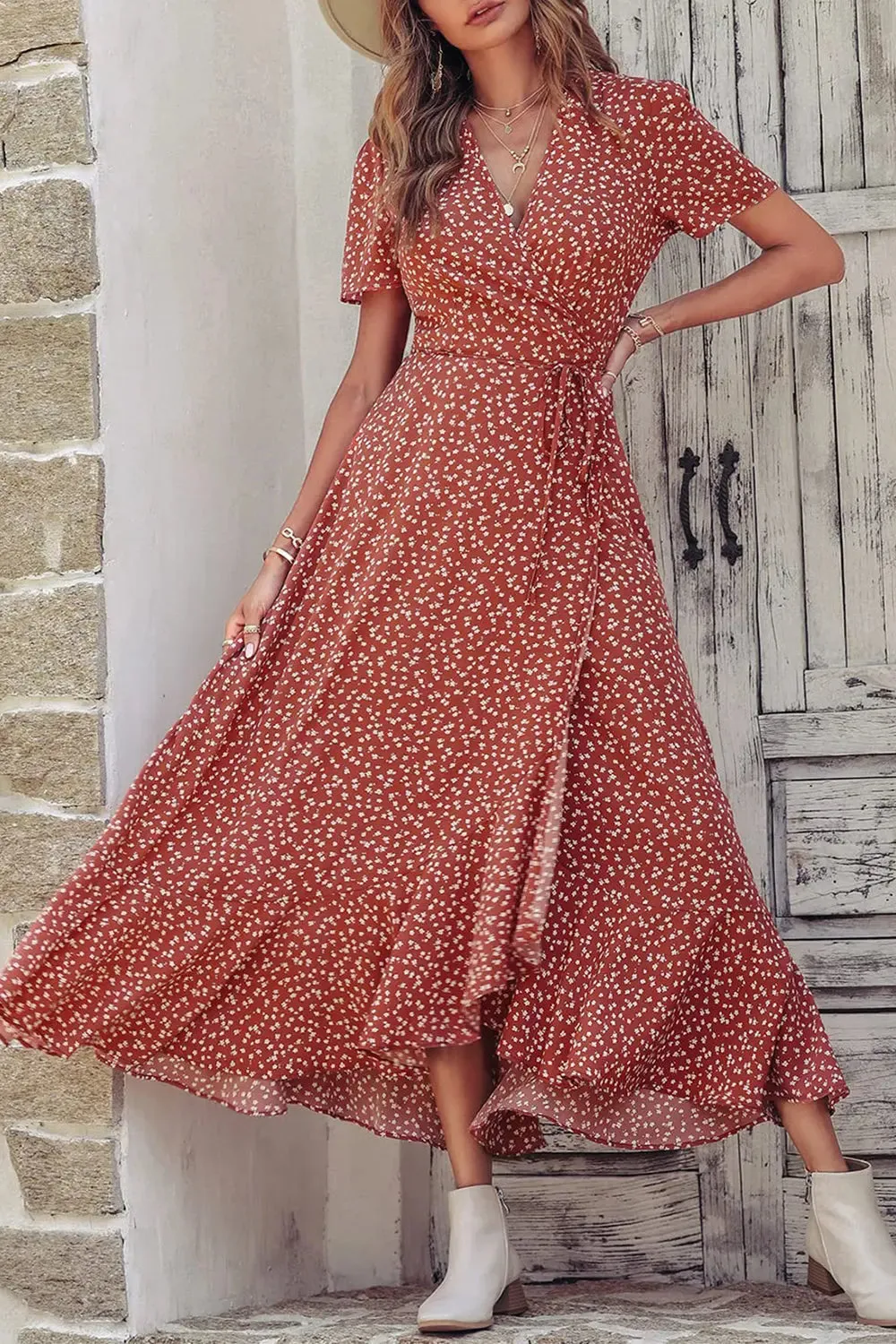 Floral V Neck Short Sleeve Long Dresses