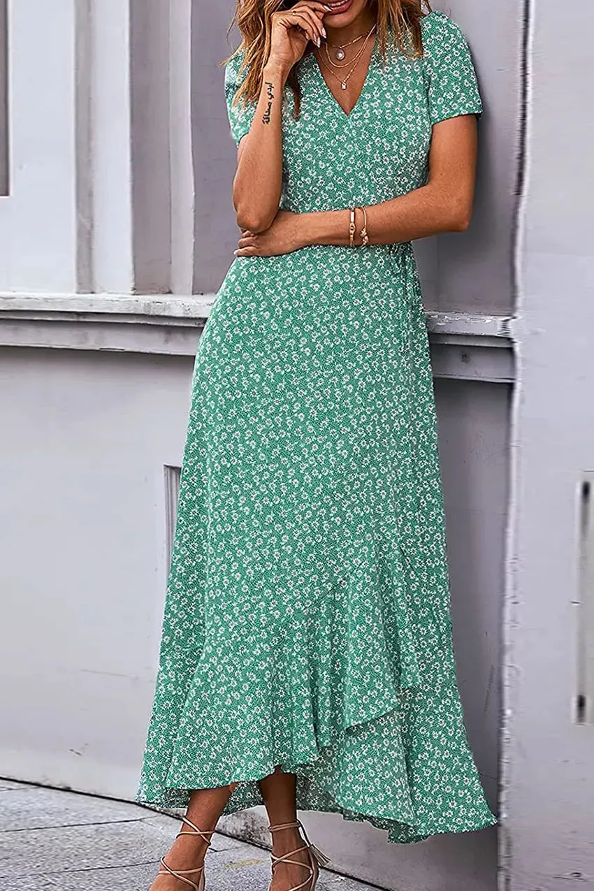 Floral V Neck Short Sleeve Long Dresses