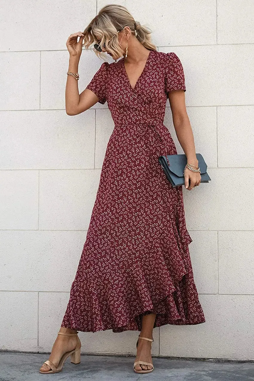 Floral V Neck Short Sleeve Long Dresses