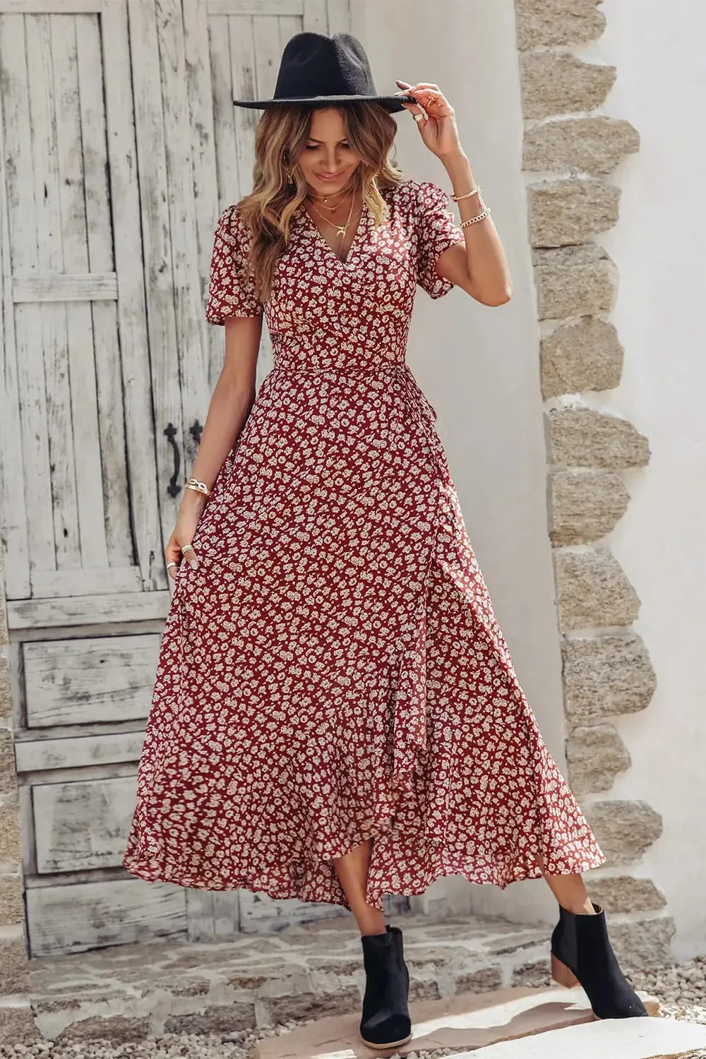 Floral V Neck Short Sleeve Long Dresses