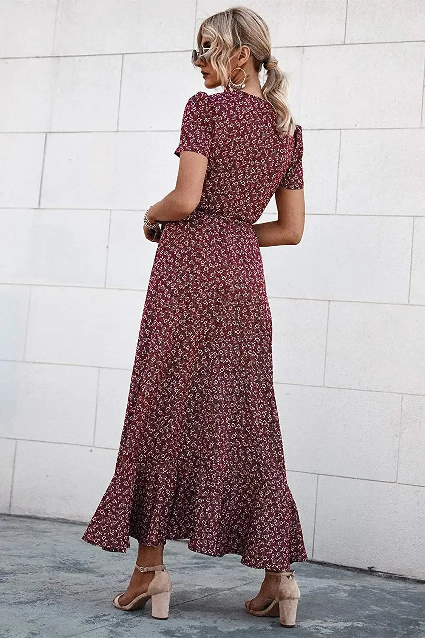 Floral V Neck Short Sleeve Long Dresses