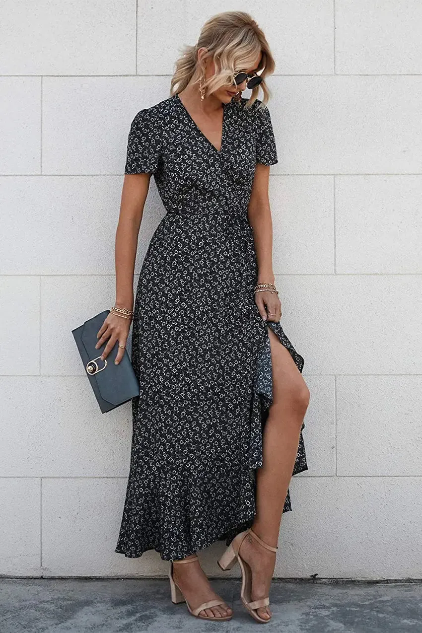 Floral V Neck Short Sleeve Long Dresses