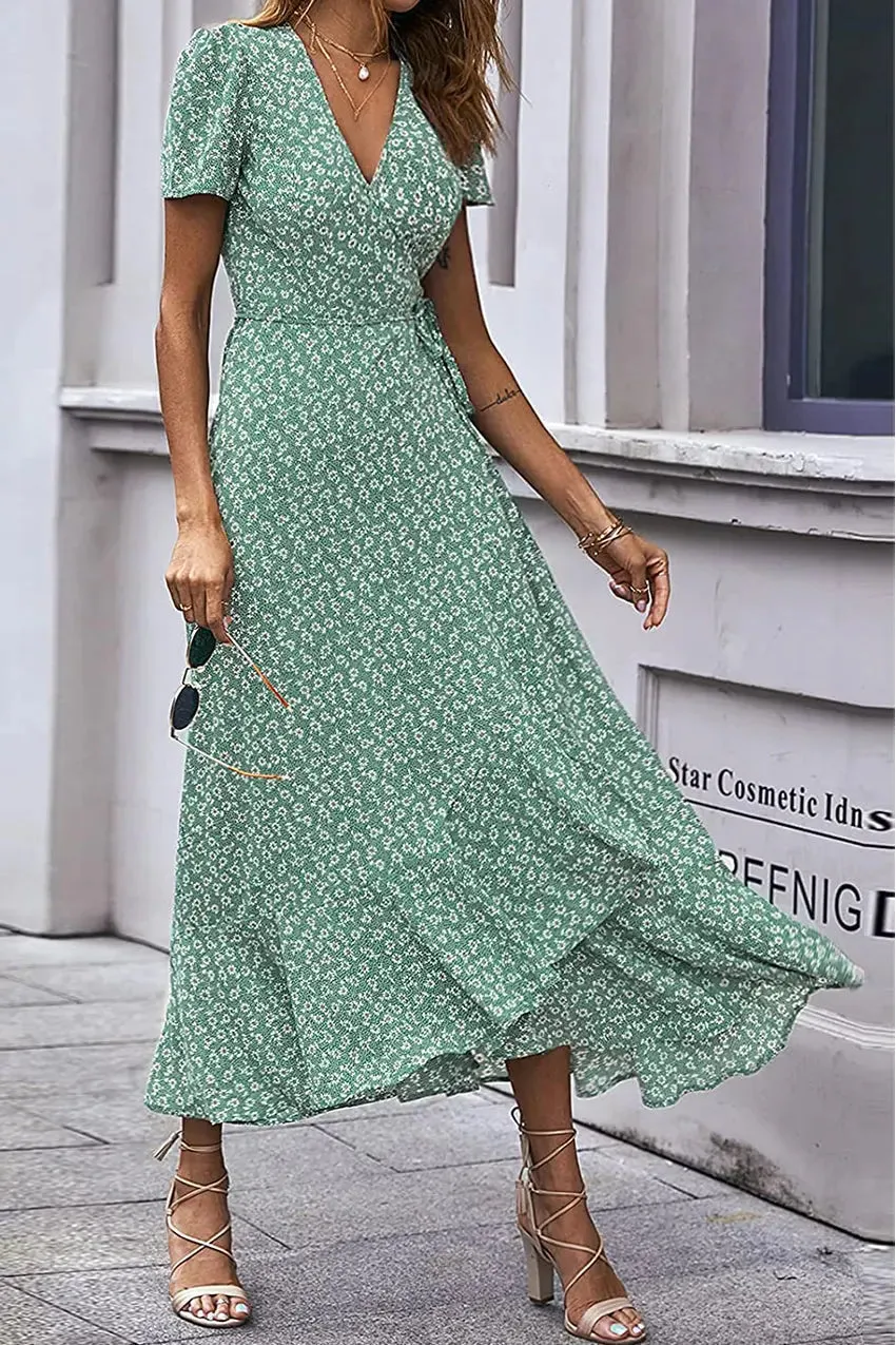 Floral V Neck Short Sleeve Long Dresses