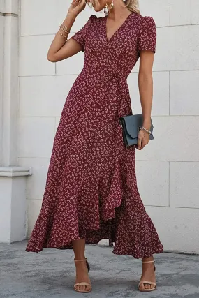 Floral V Neck Short Sleeve Long Dresses