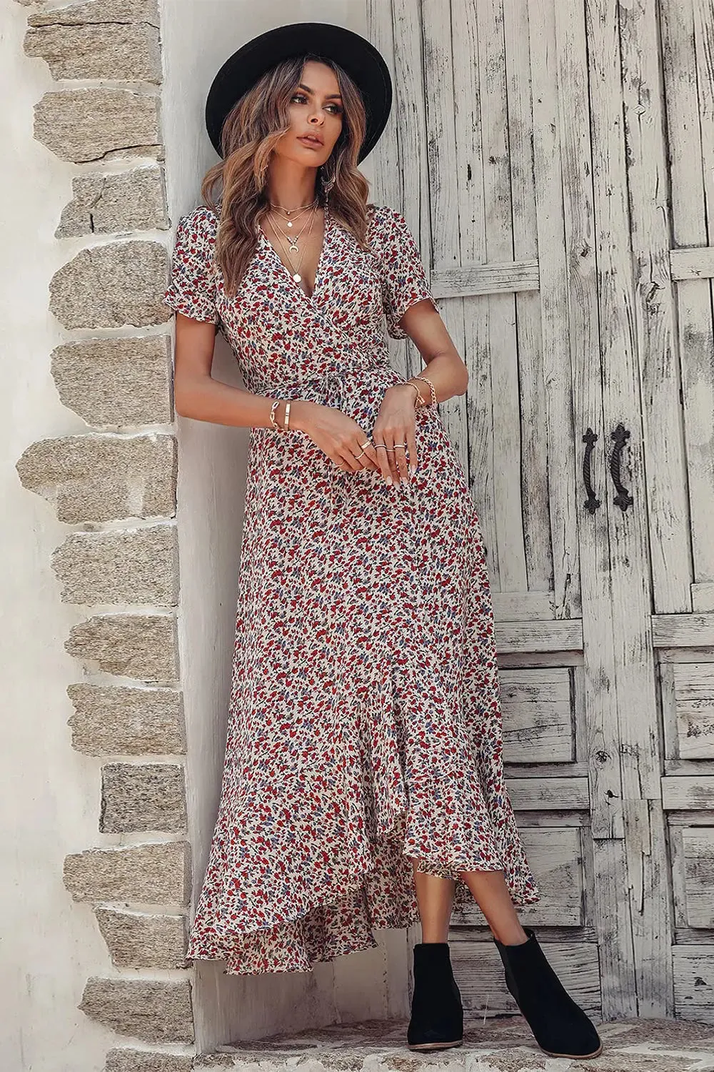 Floral V Neck Short Sleeve Long Dresses