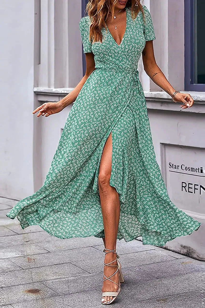 Floral V Neck Short Sleeve Long Dresses