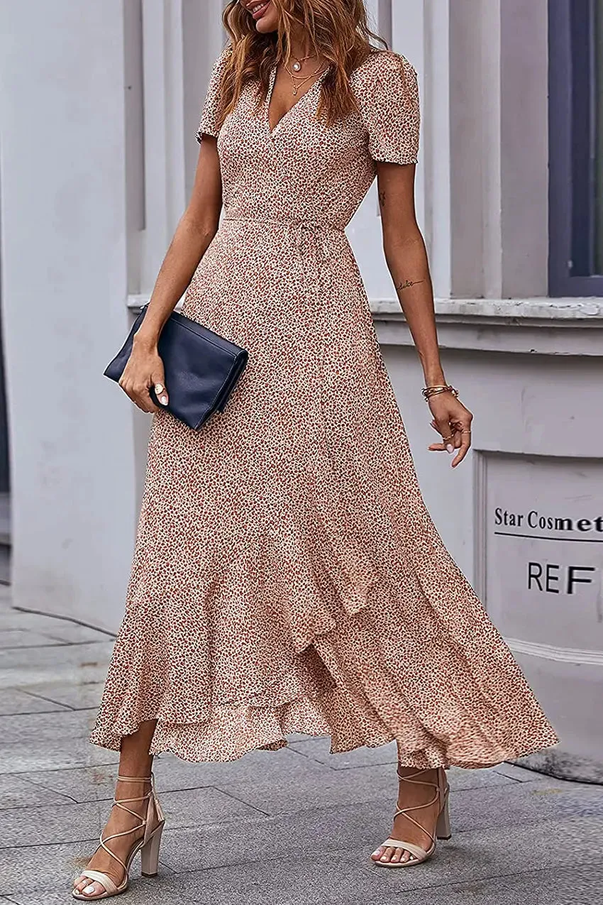 Floral V Neck Short Sleeve Long Dresses