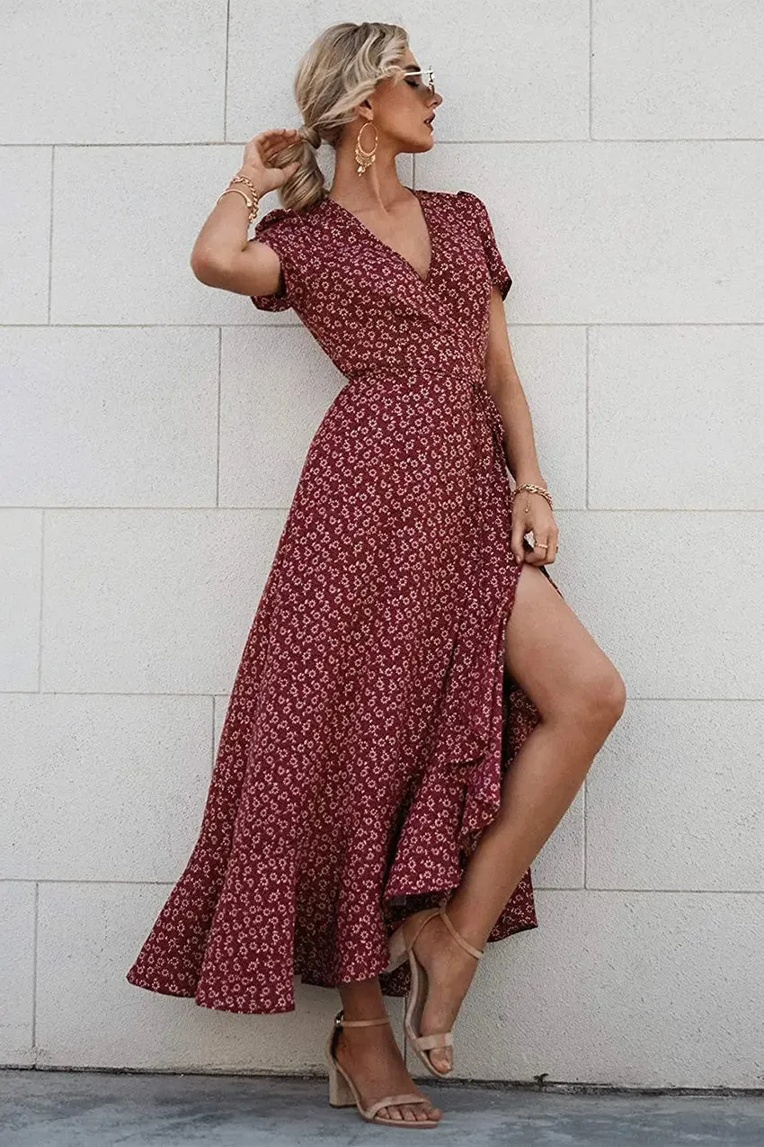 Floral V Neck Short Sleeve Long Dresses