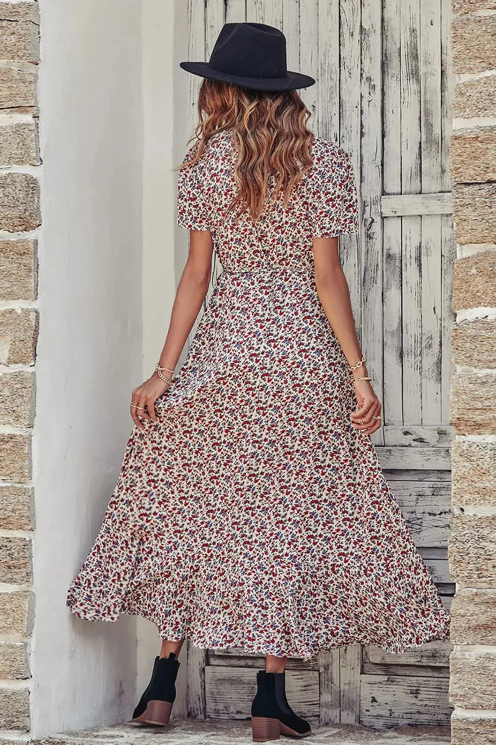 Floral V Neck Short Sleeve Long Dresses