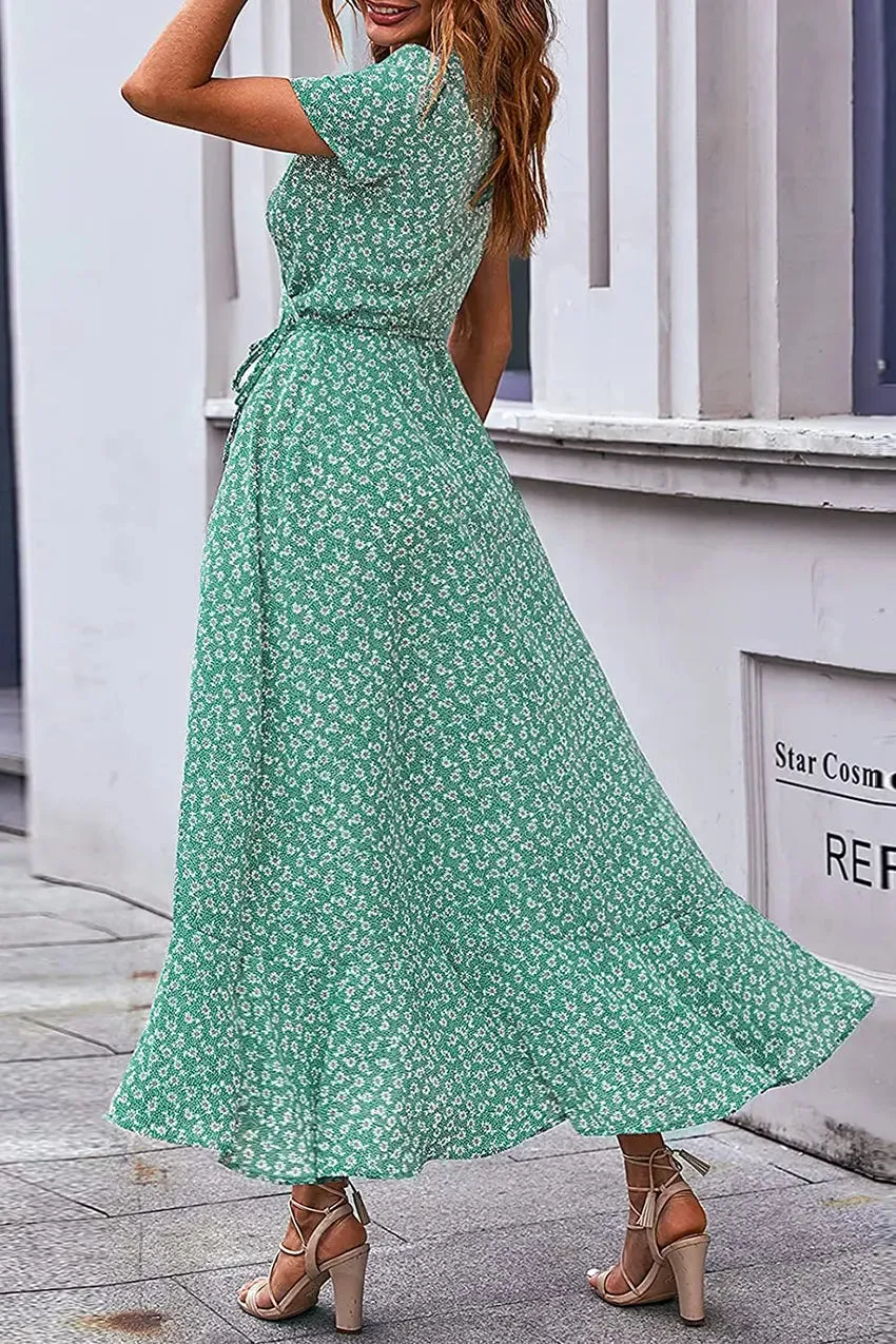 Floral V Neck Short Sleeve Long Dresses