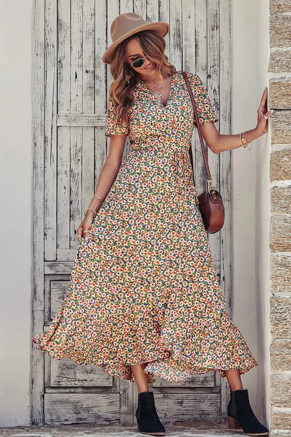 Floral V Neck Short Sleeve Long Dresses