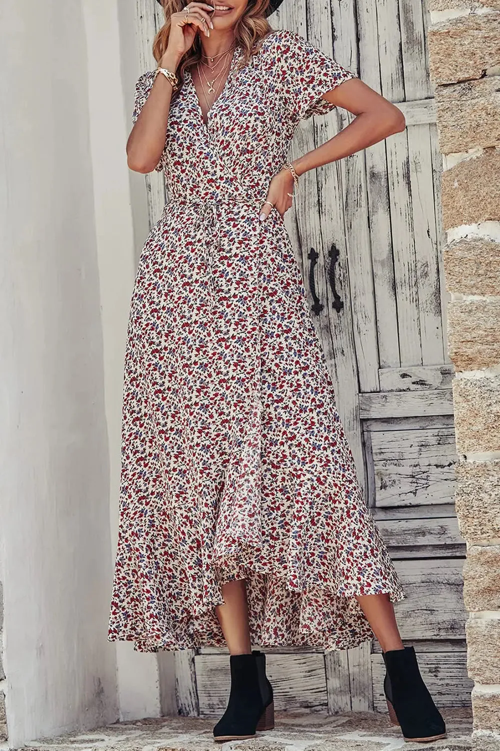 Floral V Neck Short Sleeve Long Dresses