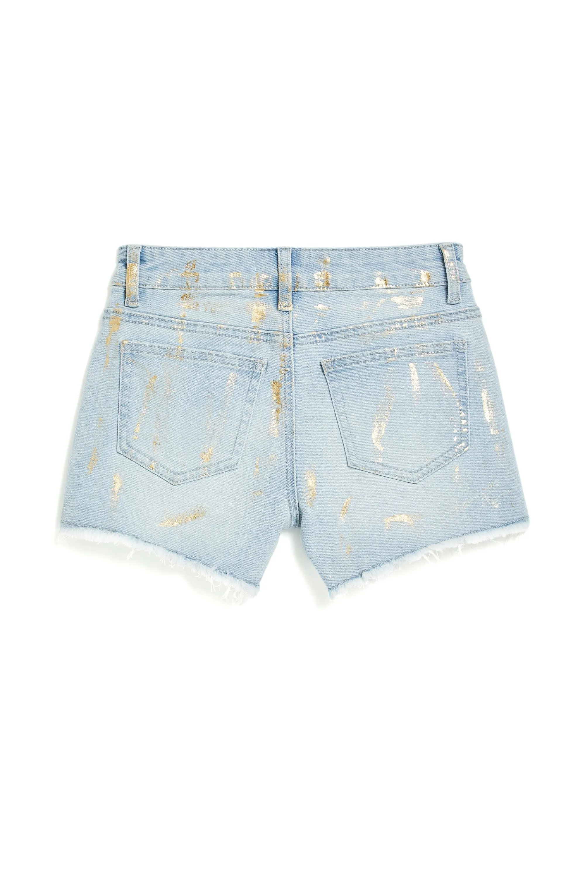 Foil Splattered Frey Hem Shorts