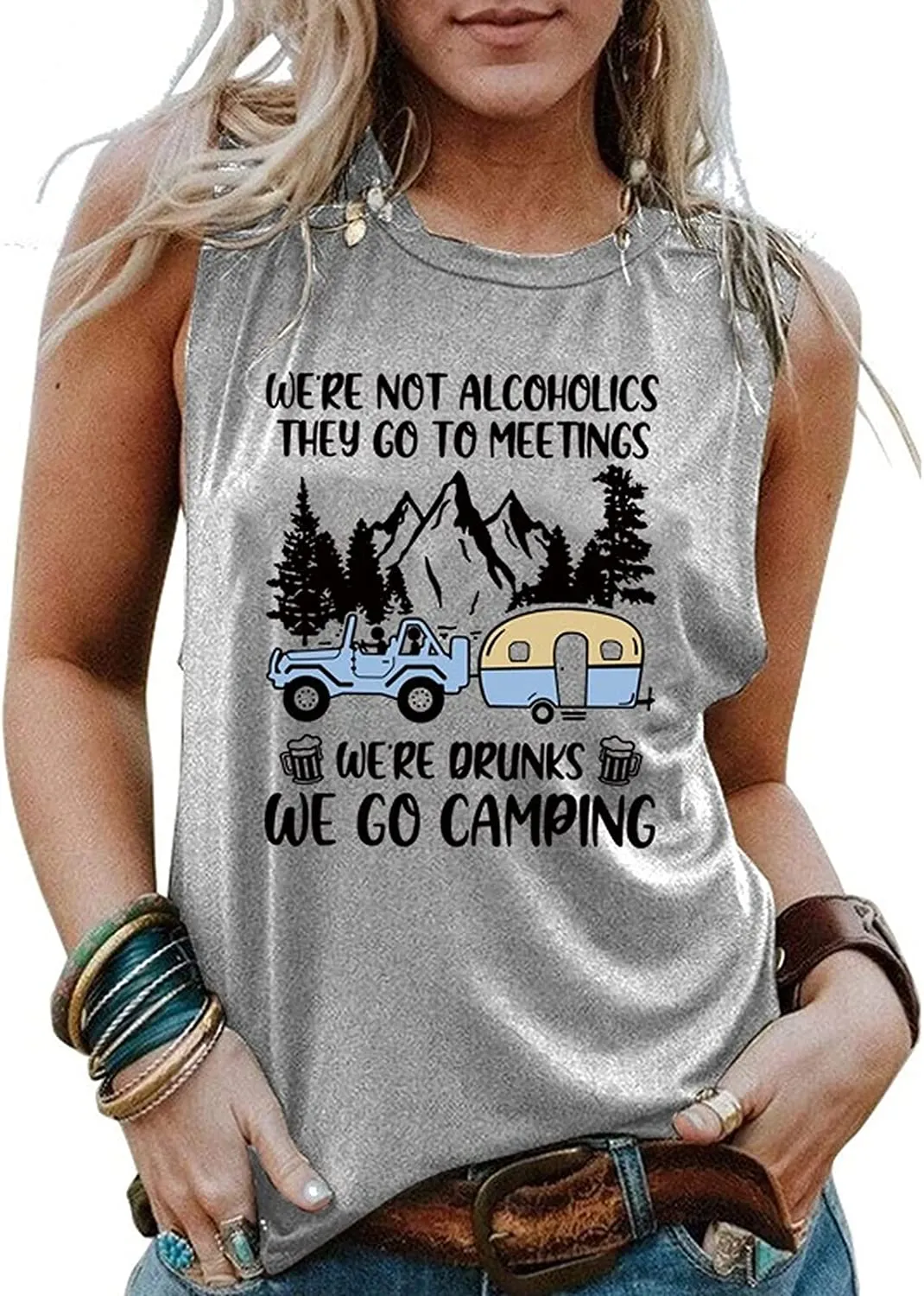 Funny Camper Tank Tops Women We're Not Alcoholics They Go to Meetings Shirt