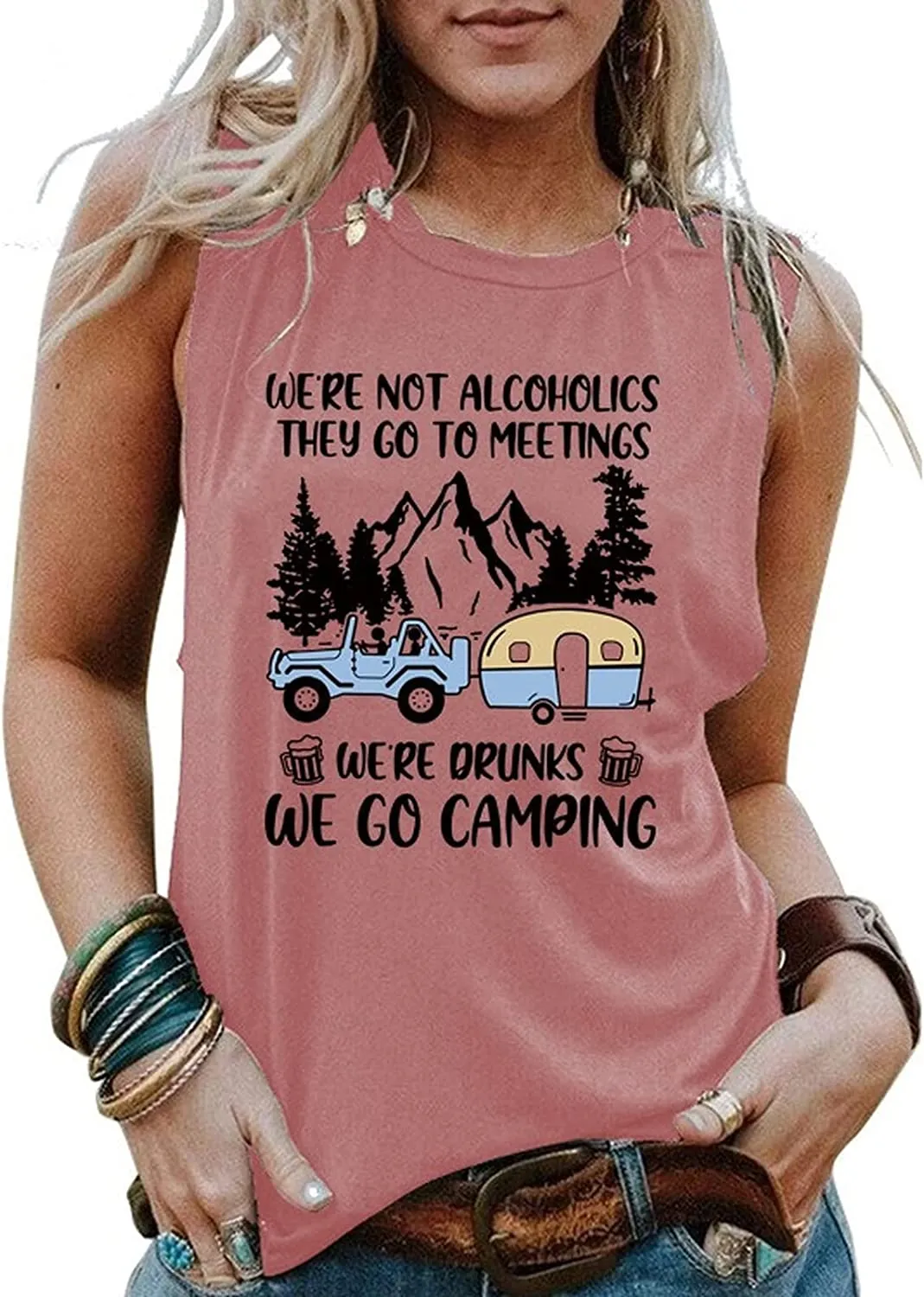 Funny Camper Tank Tops Women We're Not Alcoholics They Go to Meetings Shirt