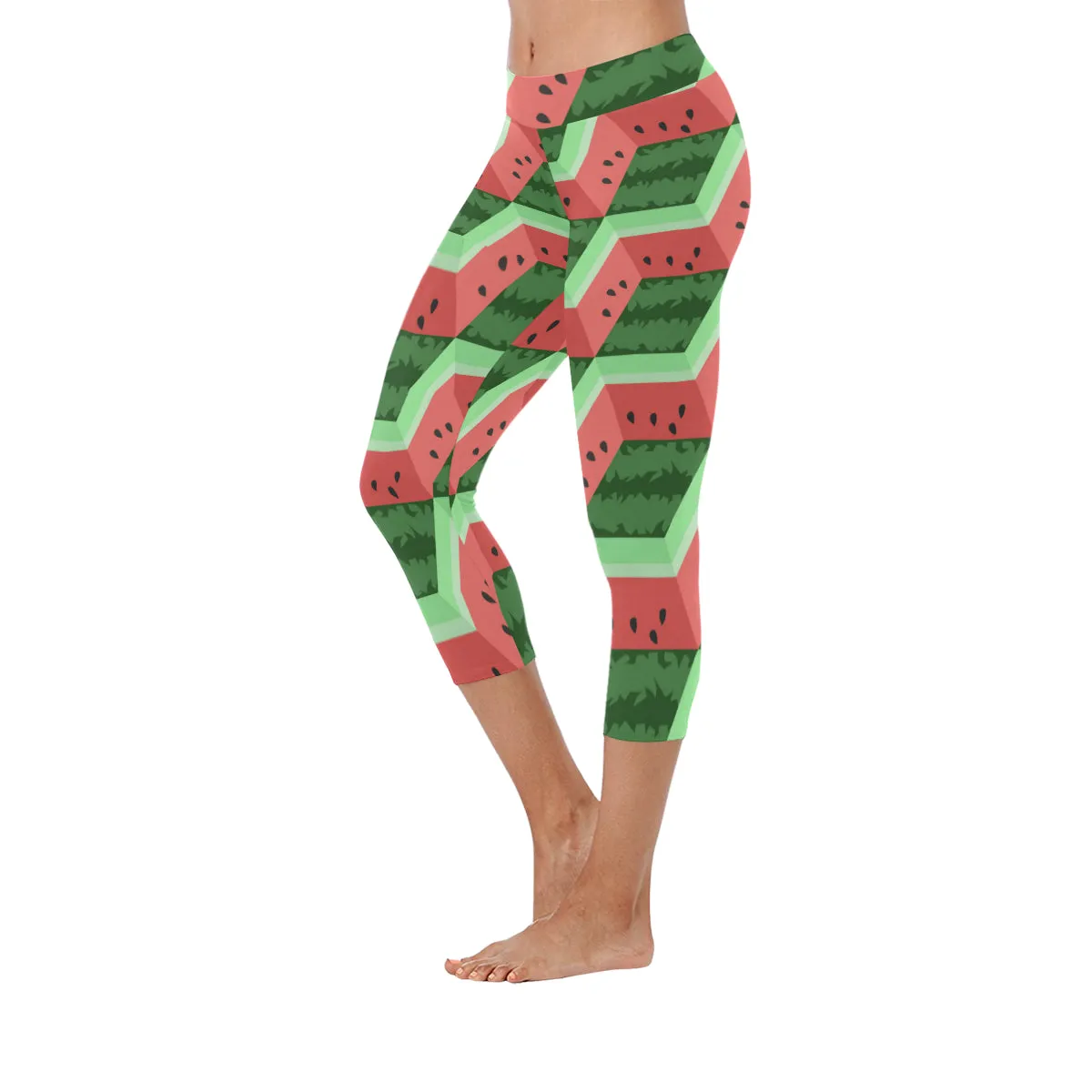 Geometric Watermelon Flat Fruit Colourful Cube Women's Low Rise Capri Leggings (Invisible Stitch)