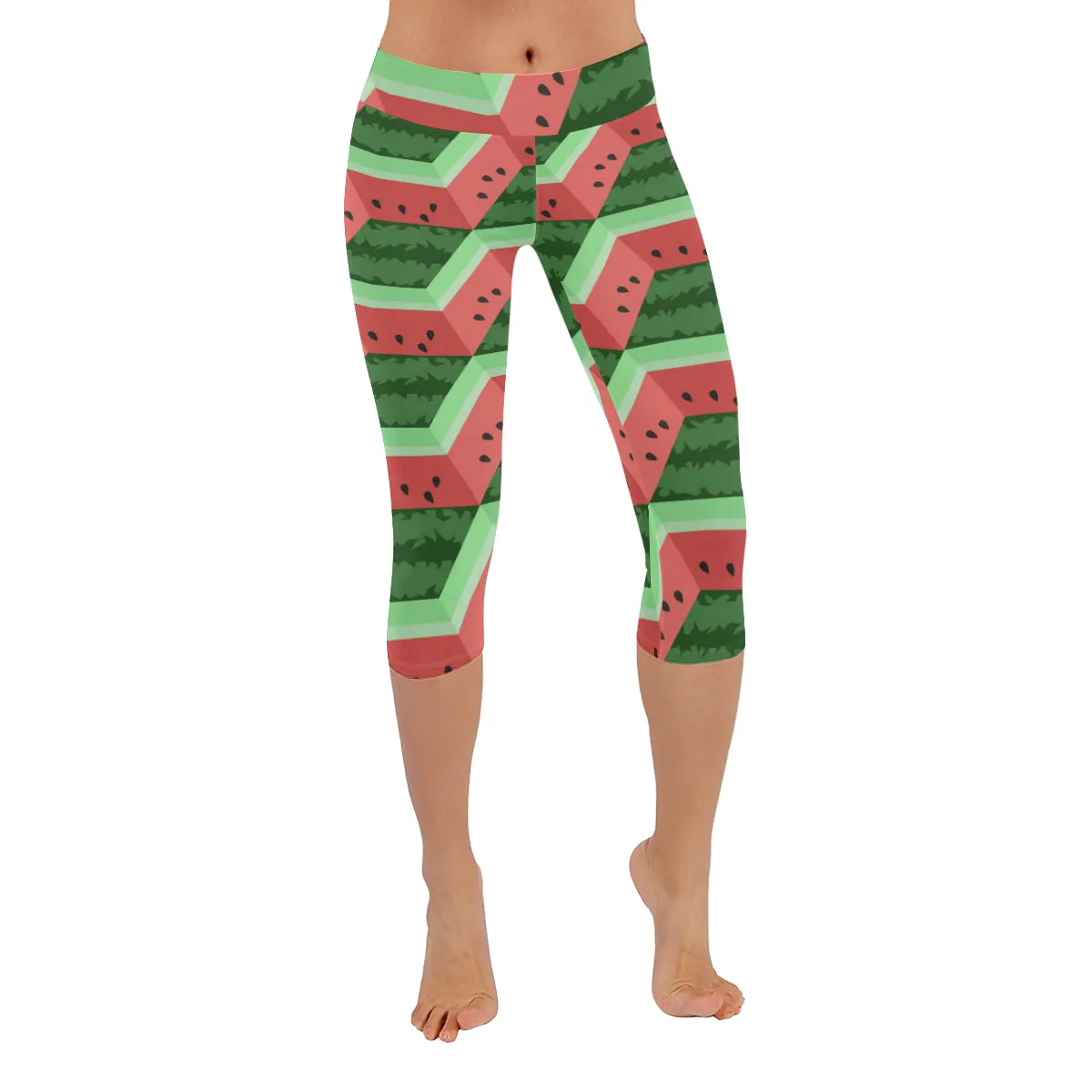 Geometric Watermelon Flat Fruit Colourful Cube Women's Low Rise Capri Leggings (Invisible Stitch)