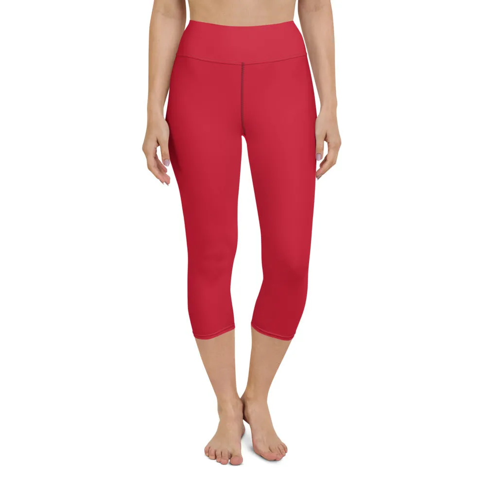 Hot Red Yoga Capri Leggings, Solid Color Red Women's Capris Tights-Made in USA/EU/MX