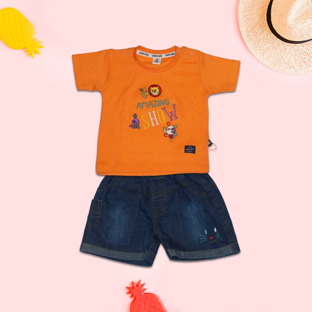 Kids Orange T-Shirt and Denim Shorts Set