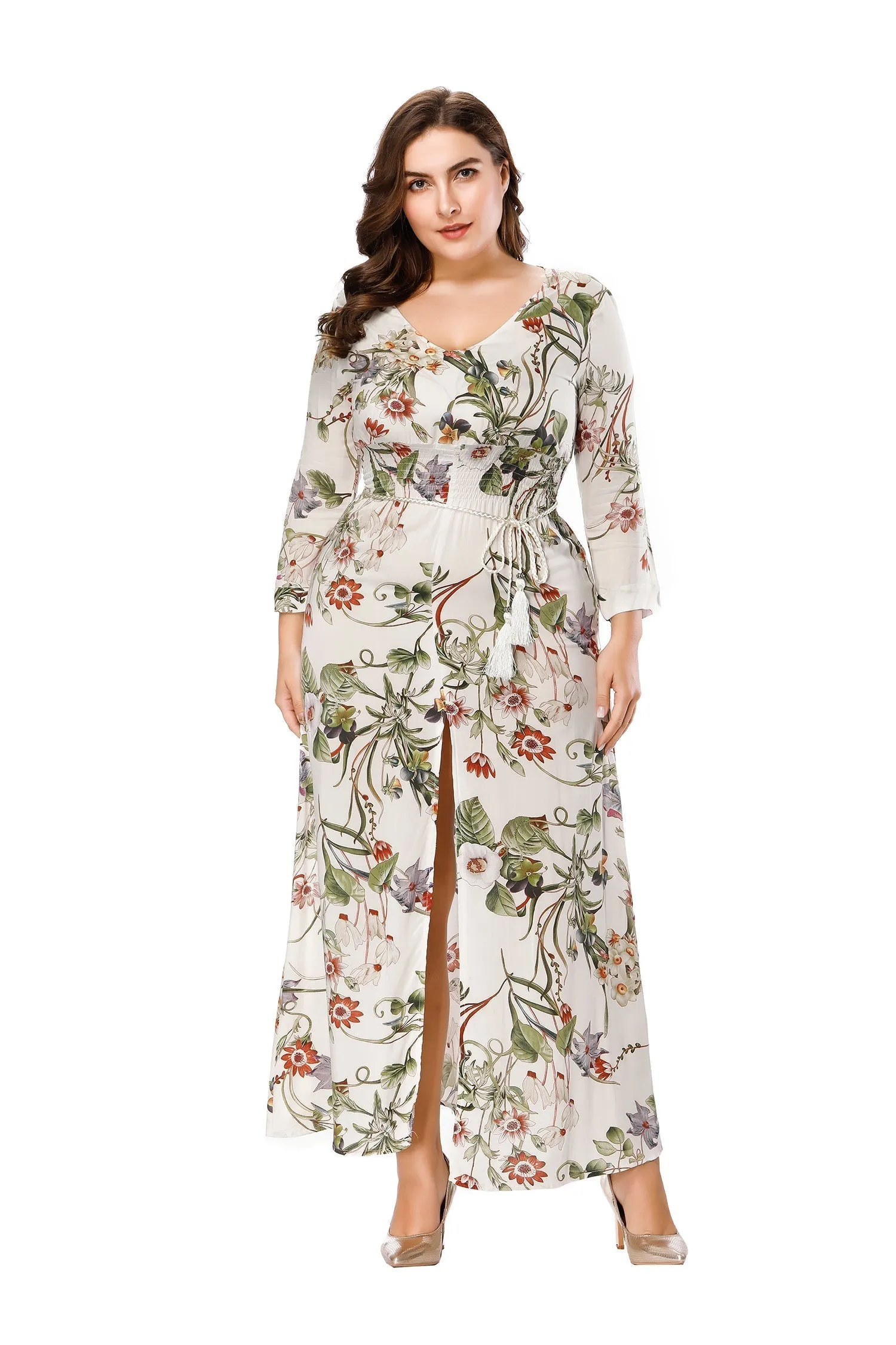 KittenAlarm - Bohemia V-neck Three-quarter Sleeve Long Dress