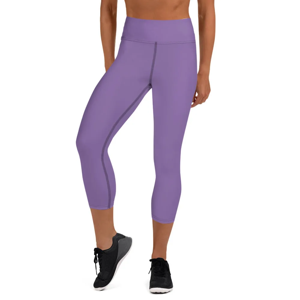 Light Purple Yoga Capri Leggings, Solid Pastel Purple Color Women's Elastic Workout Capris Tights - Made in USA/EU/MX