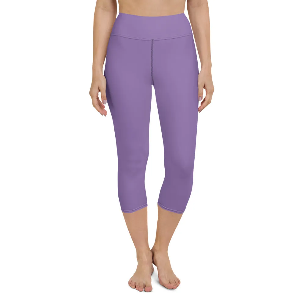 Light Purple Yoga Capri Leggings, Solid Pastel Purple Color Women's Elastic Workout Capris Tights - Made in USA/EU/MX