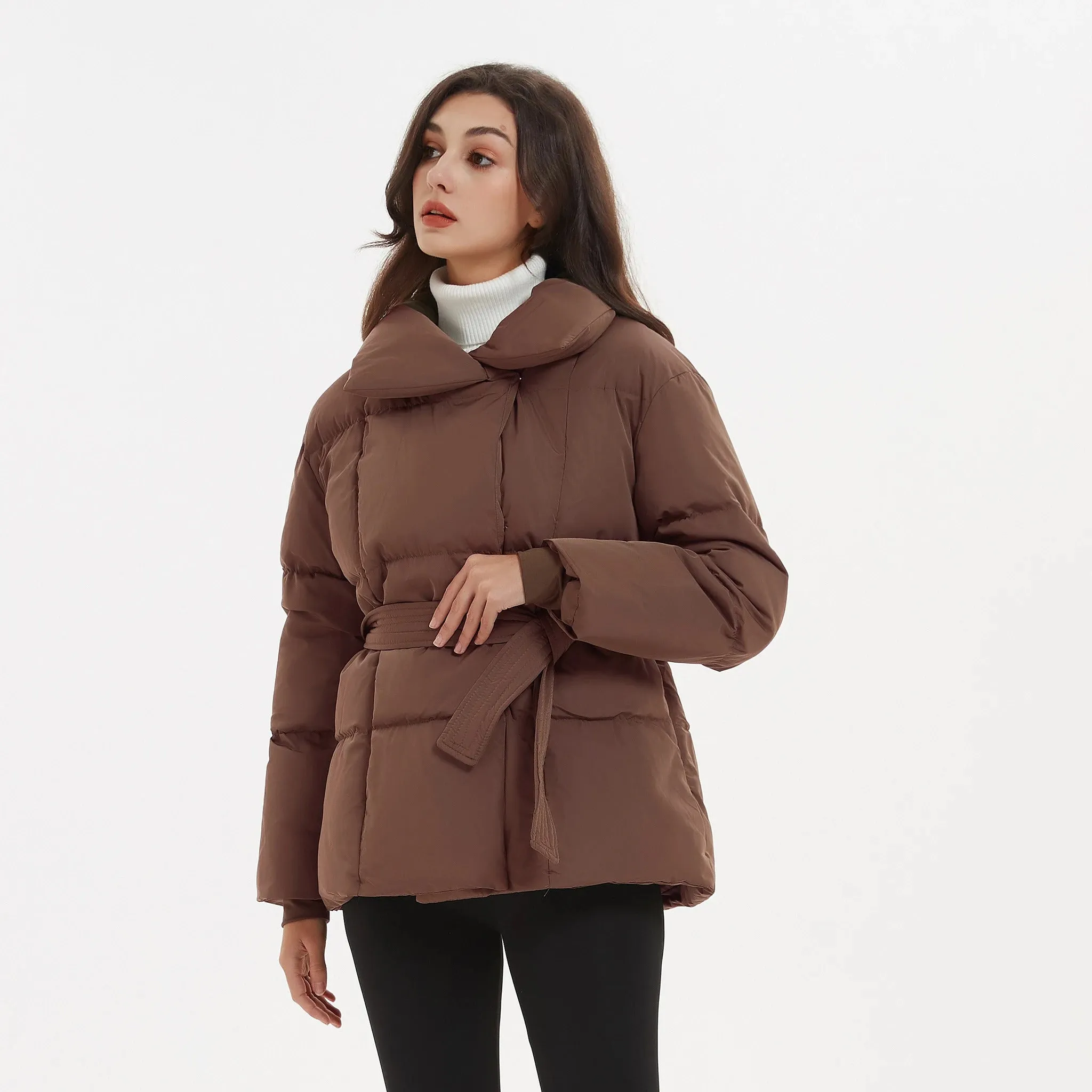 Malina Winter Thick Stand Collar Parkas Women Fashion Tie Waist Coats Women Elegant Solid Short Padded Jackets Female Ladies