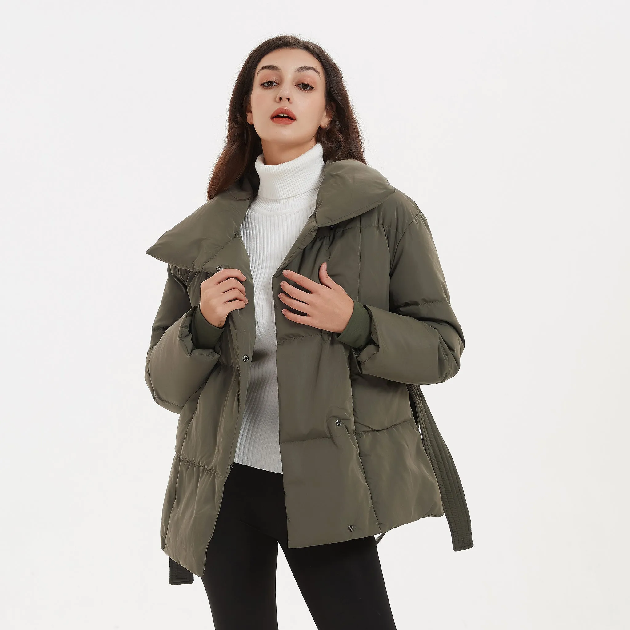 Malina Winter Thick Stand Collar Parkas Women Fashion Tie Waist Coats Women Elegant Solid Short Padded Jackets Female Ladies