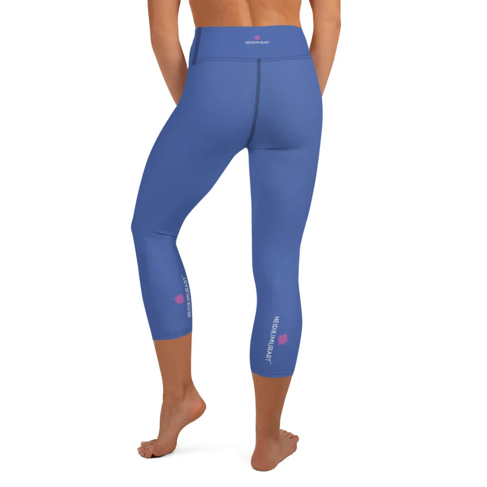 Marine Blue Yoga Capri Leggings, Solid Color Women's Elastic Workout Capris Tights - Made in USA/EU/MX