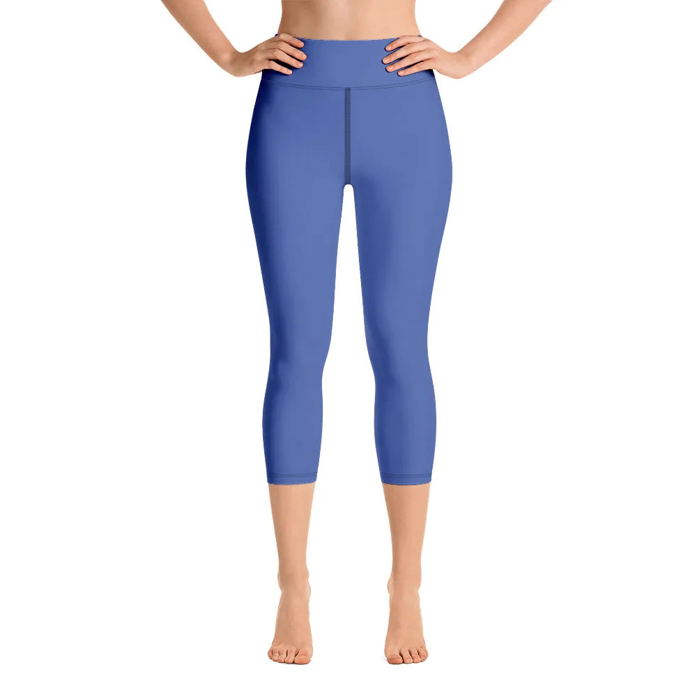 Marine Blue Yoga Capri Leggings, Solid Color Women's Elastic Workout Capris Tights - Made in USA/EU/MX