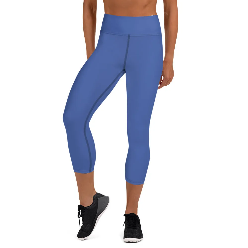 Marine Blue Yoga Capri Leggings, Solid Color Women's Elastic Workout Capris Tights - Made in USA/EU/MX