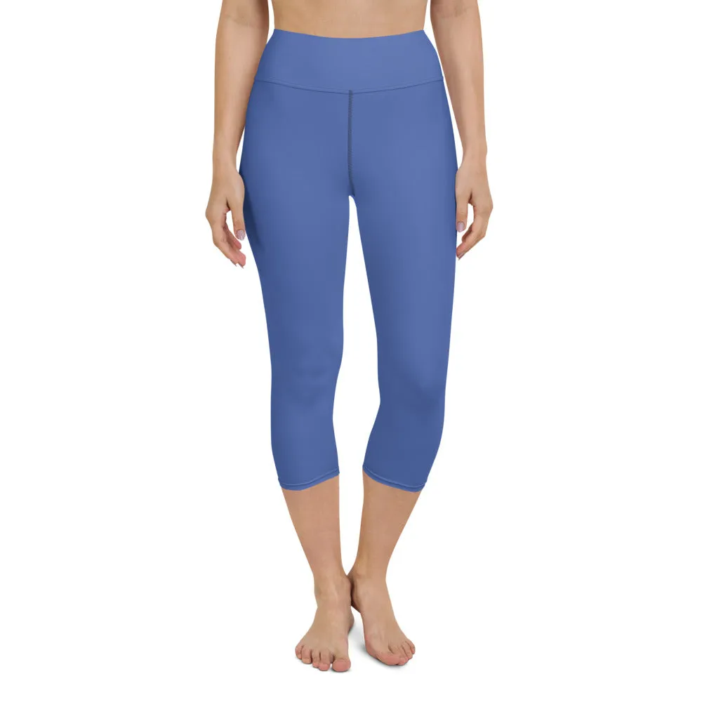 Marine Blue Yoga Capri Leggings, Solid Color Women's Elastic Workout Capris Tights - Made in USA/EU/MX