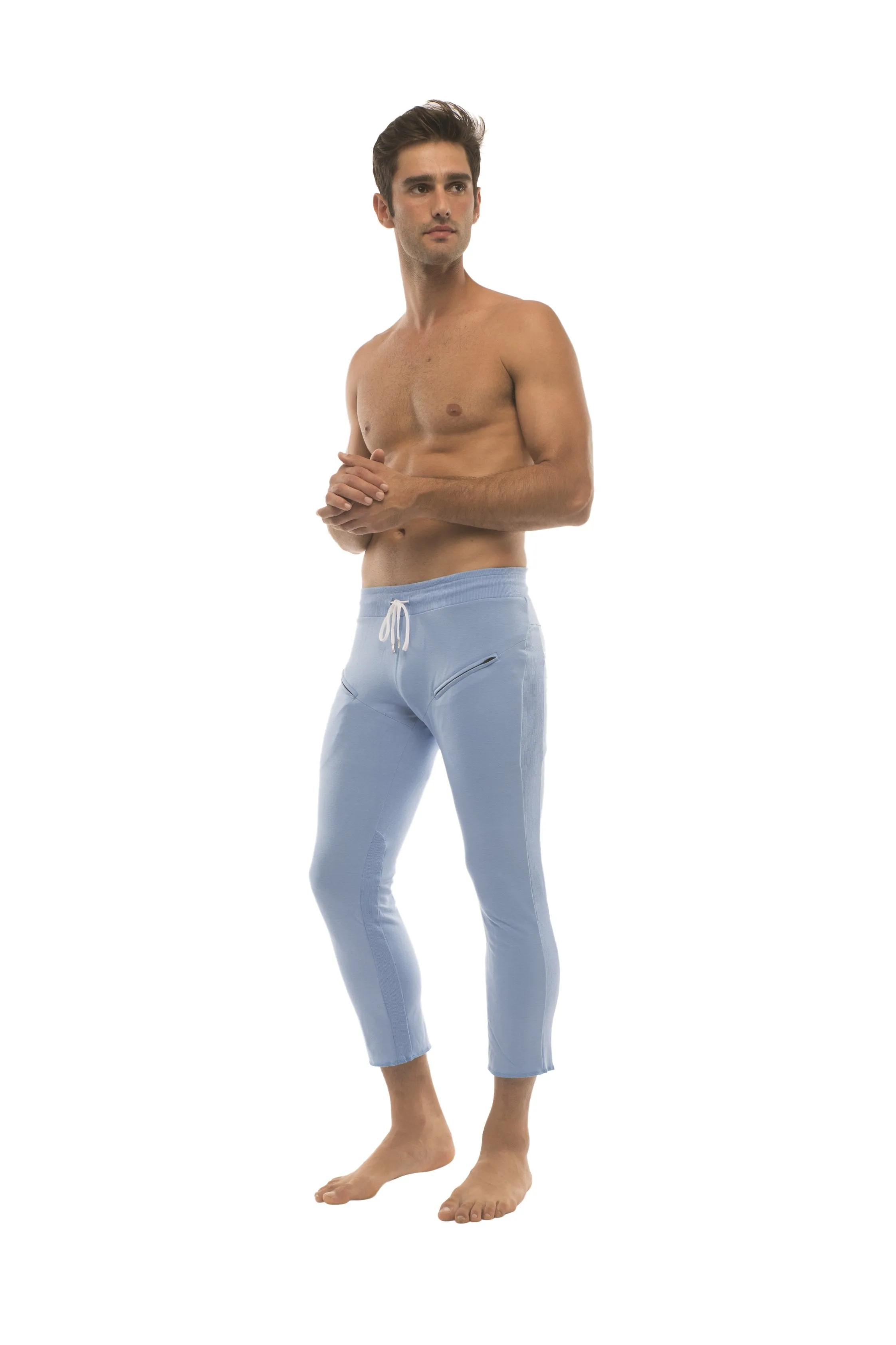 Mens 4/5 Zipper Pocket Capri Yoga Pants (Solid ICE Blue)