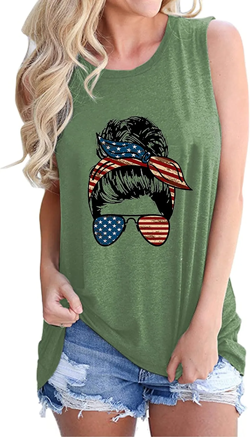 Messy Bun Women with American Sunglasses Shirt Cute Woman Messy Bun Glasses Tank Tops