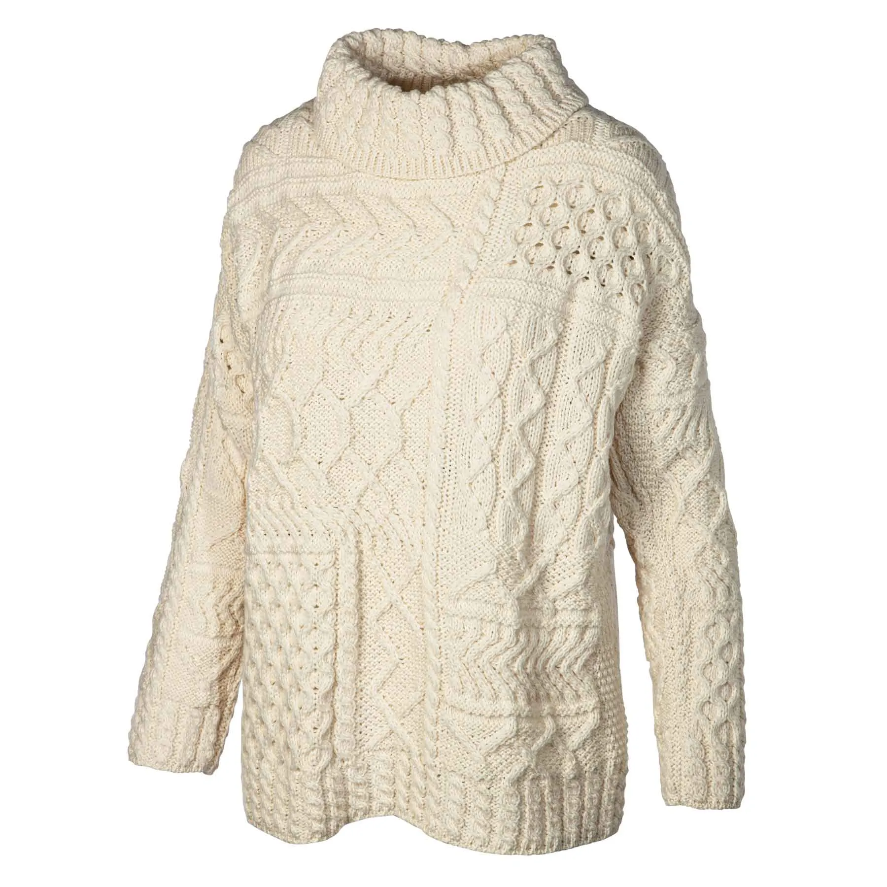 Oversized Patchwork Aran Knit Sweater- Cream