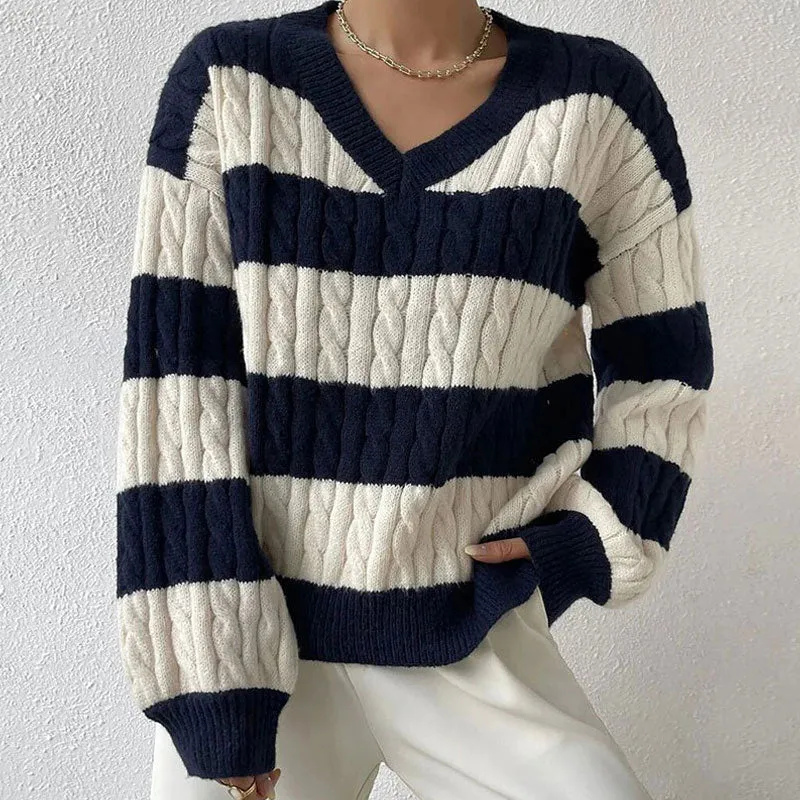 Preppy Striped V Neck Blouson Sleeve Oversized Cable Knit Pullover Sweater