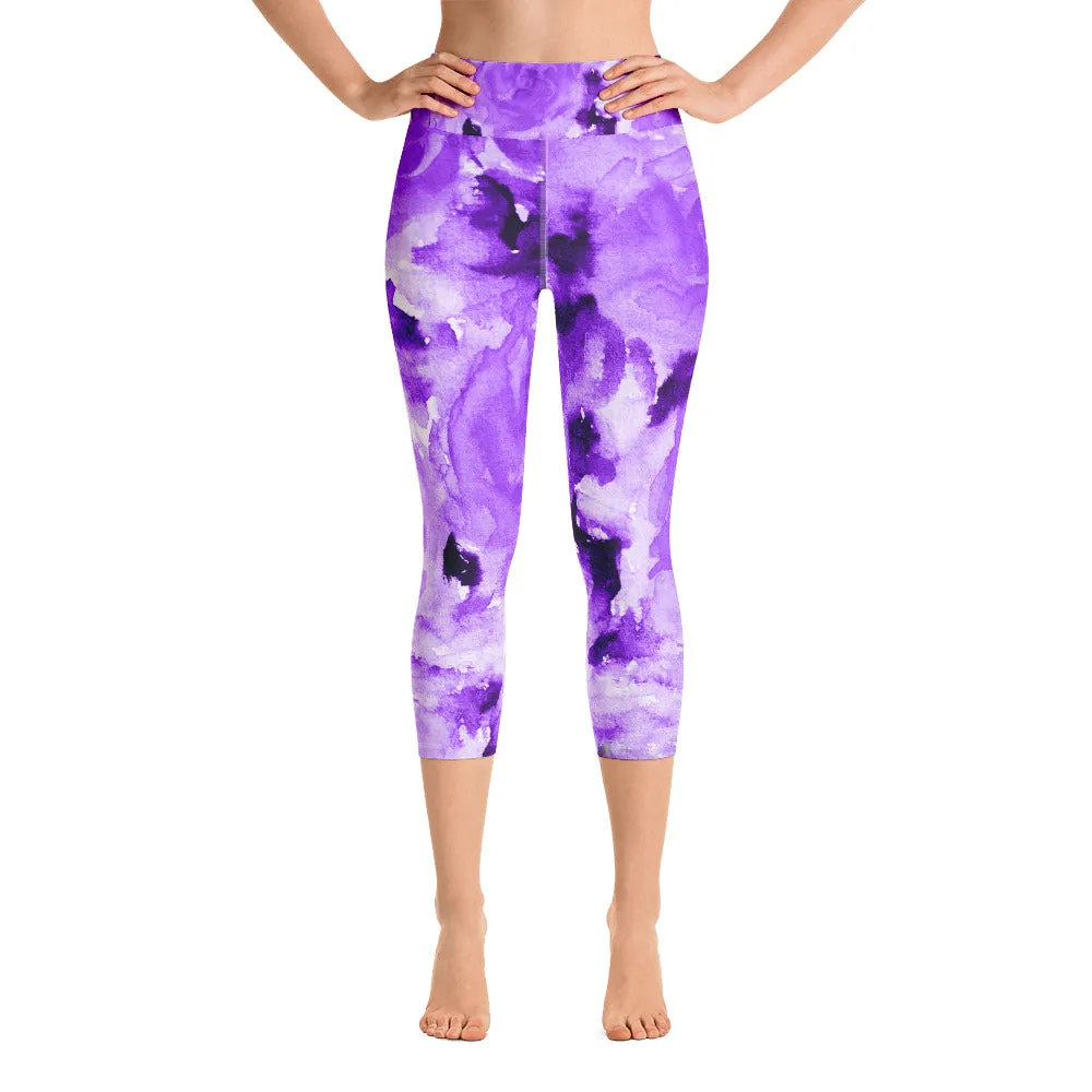 Purple Floral Yoga Capri Leggings, Abstract Flower Print Women's Capris Tights-Made in USA/EU