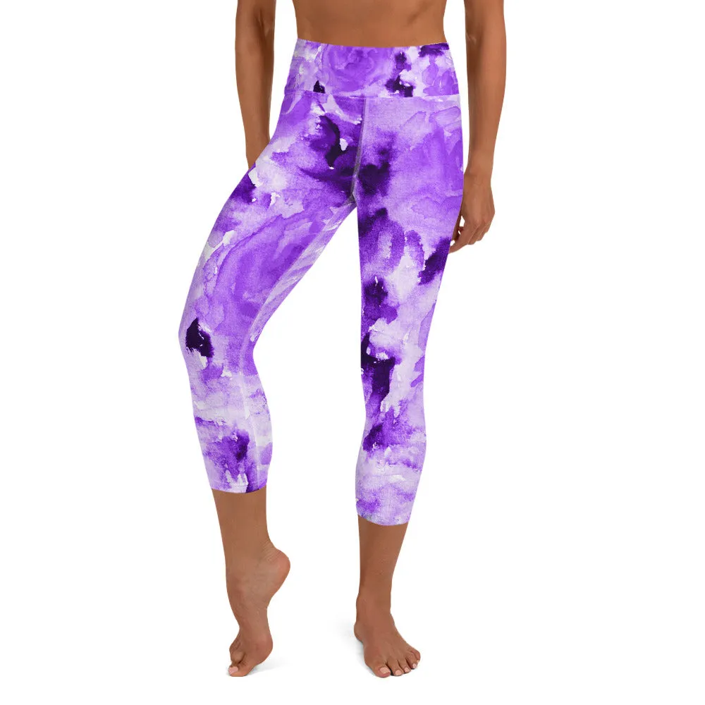 Purple Floral Yoga Capri Leggings, Abstract Flower Print Women's Capris Tights-Made in USA/EU