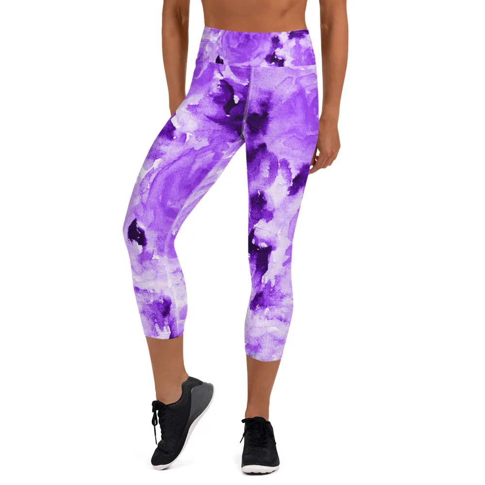 Purple Floral Yoga Capri Leggings, Abstract Flower Print Women's Capris Tights-Made in USA/EU