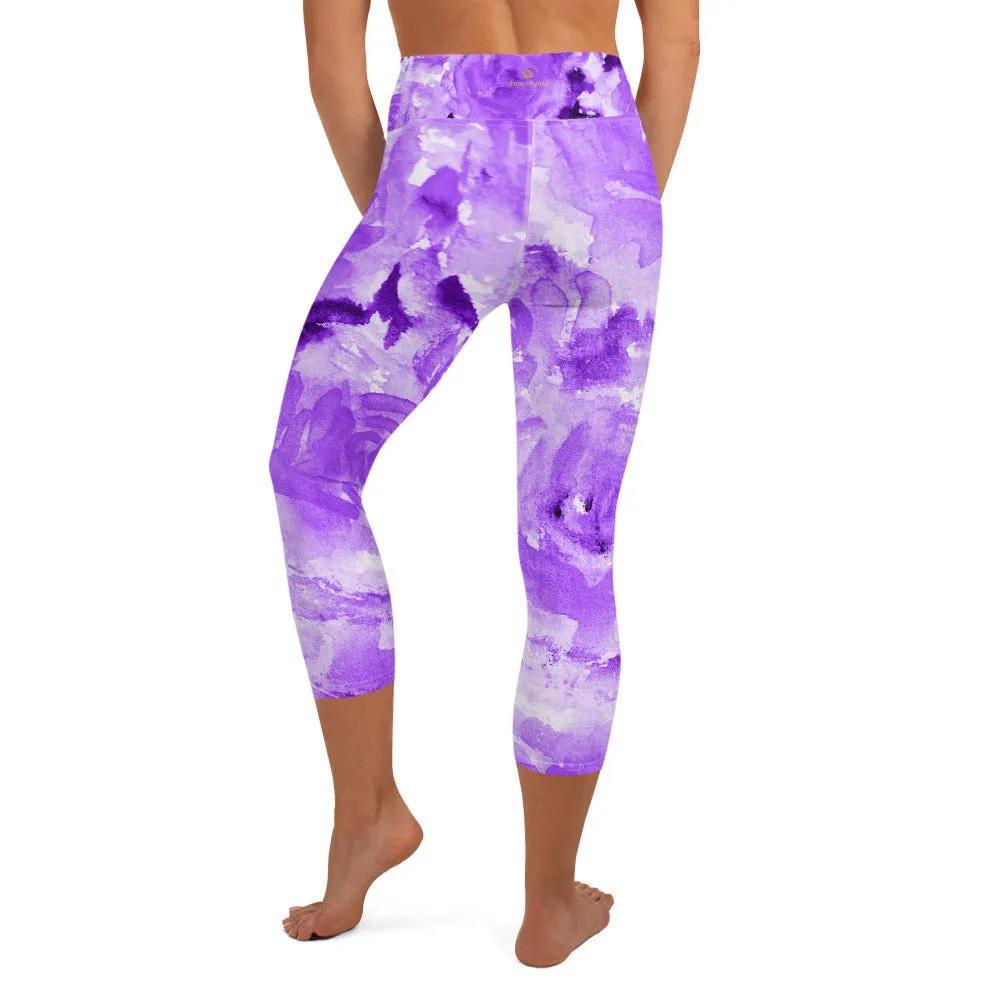 Purple Floral Yoga Capri Leggings, Abstract Flower Print Women's Capris Tights-Made in USA/EU