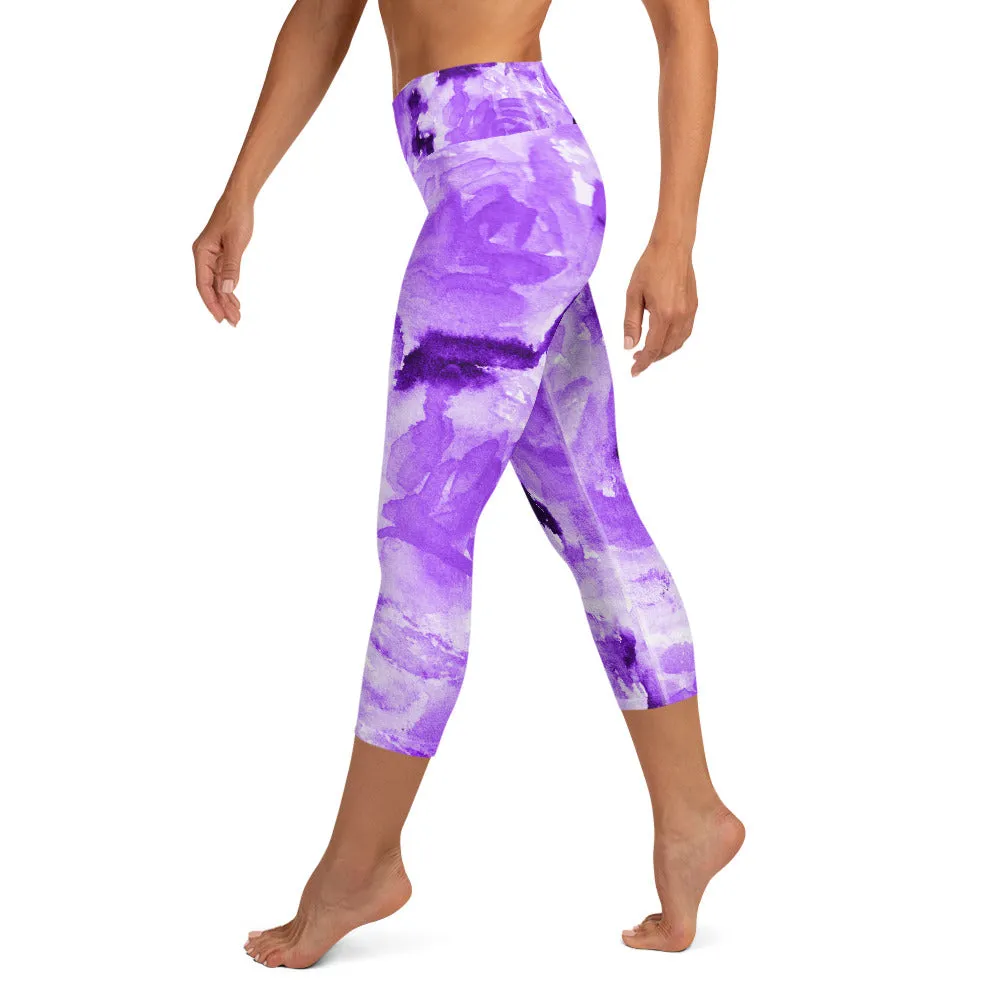 Purple Floral Yoga Capri Leggings, Abstract Flower Print Women's Capris Tights-Made in USA/EU